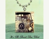 Scrabble Game Tile Jewelry - Life Is Beautiful - Vintage Volkswagen VW Bus - Scrabble Pendant Charm- Free Silver Ball Chain Necklace