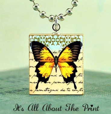 Scrabble Tile Art Pendant -BUTTERFLY SCRIPT (YELLOW)- Scrabble Jewelry Charm- Free Silver Ball Chain Necklace