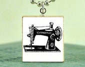 Scrabble Game Tile Jewelry - Vintage Sewing Machine Black and White - Scrabble Pendant Charm- Free Silver Ball Chain Necklace