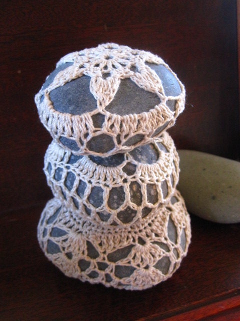 Crochet Covered Stone, SET OF THREE Curious Pebbles in Ecru (set no. 3)