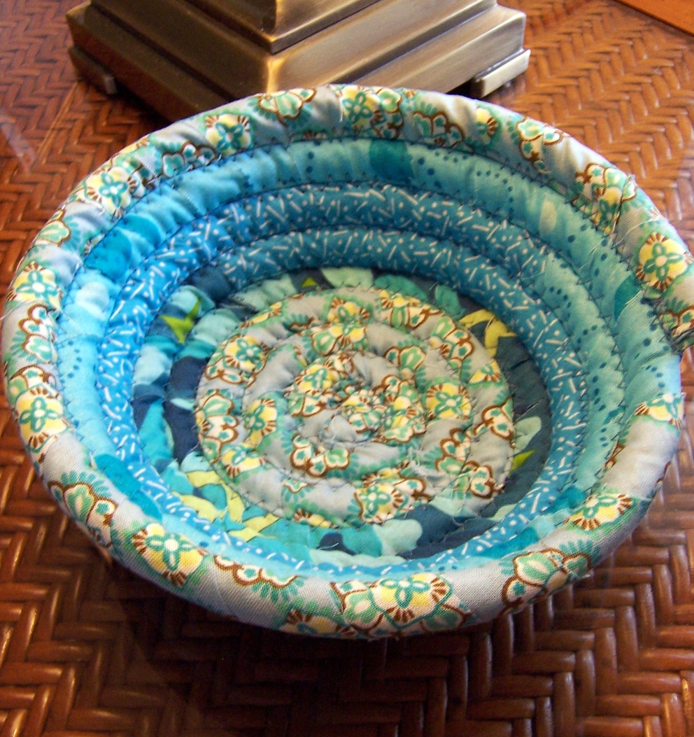 Coiled Fabric Basket Bowl multi-colored Lite Turquoise  - 7 inches across