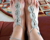 Barefoot Sandals Beaded Misty Taupe Crochet, Beach wear, Wedding, Victorian, Lace, Sexy, Yoga, Pool