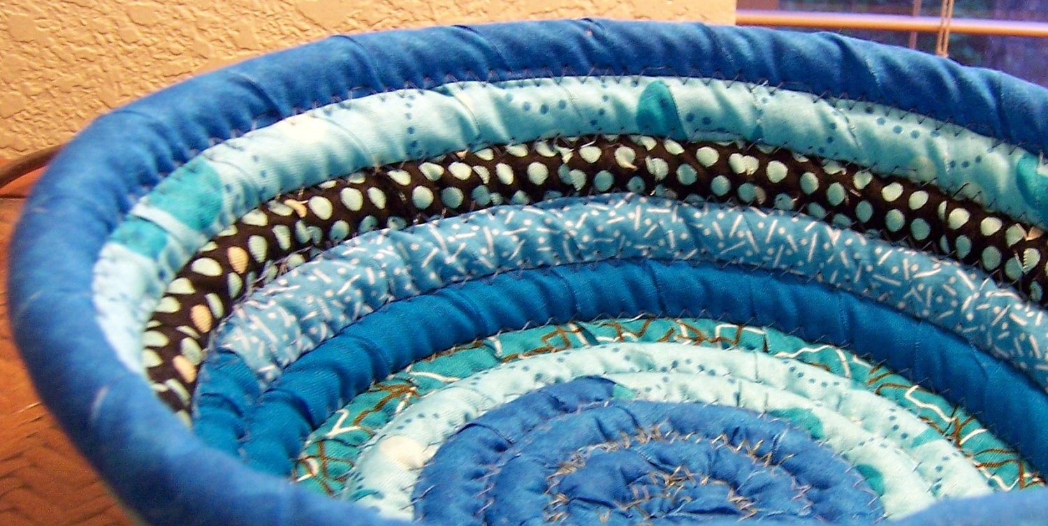 Basket - Bowl - Coiled Fabric Basket Bowl multi-colored Lite Turquoise  - 9 inches across