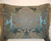Handmade Designer Pillow with Two Tone Large Scale Damask and Side Bullion Fringe