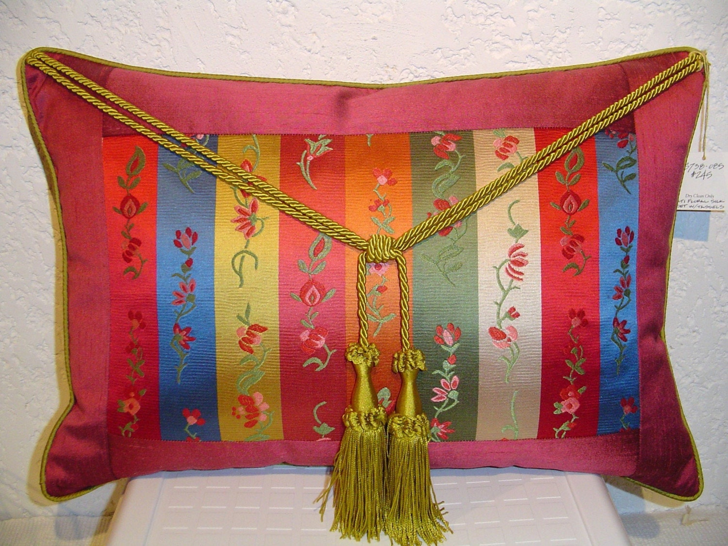 Handmade Sateen Floral Stripe Pillow with Tassel Rope