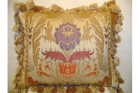 Handmade Piecework Pillow with Large Scale Damask and Tassel Fringe