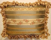 Handmade Pillow with French Floral Stripe Silk and Tassel Fringe
