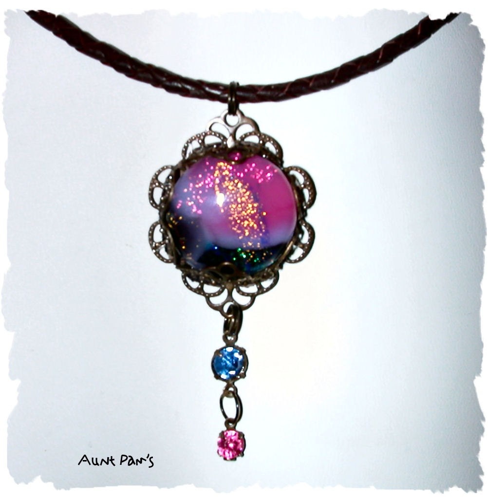 Dichroic Glass,Vintage Patina Brass Pendant and Braided Leather Choker Necklace