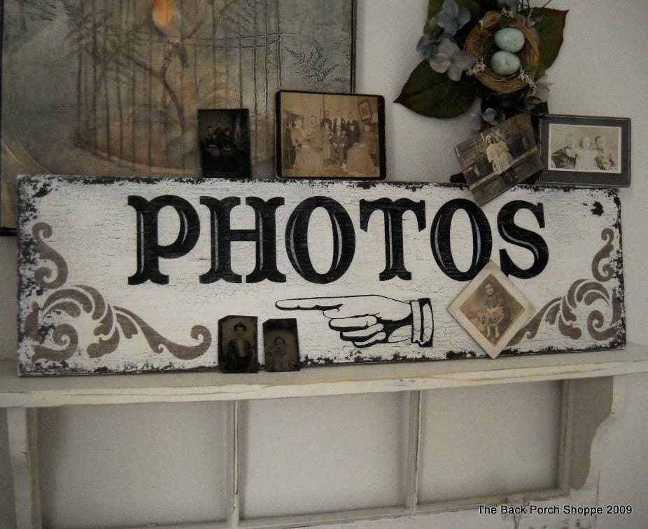 PHOTOS Vintage / Antique Style Sign with Pointing Hand or Finger 32 x 8