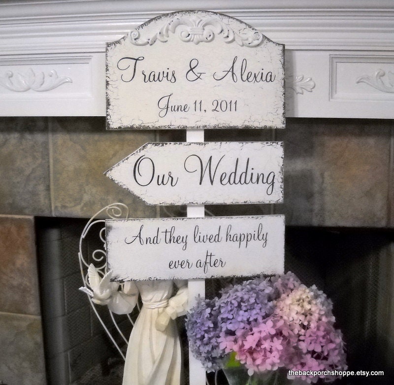 WEDDING PACKAGE of Custom Name and Date 10 1/2 x 15 3/4 / Directional 5 1/2 x 16 Arrow / Bottom Sign with Your Phrase