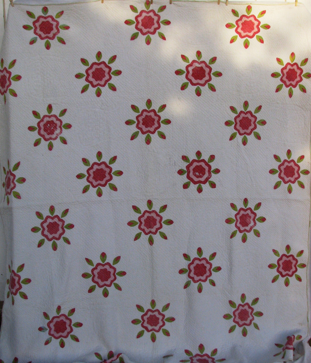 Vintage Quilt  -  Applique Red and Green  c.1800's  Antique Quilt