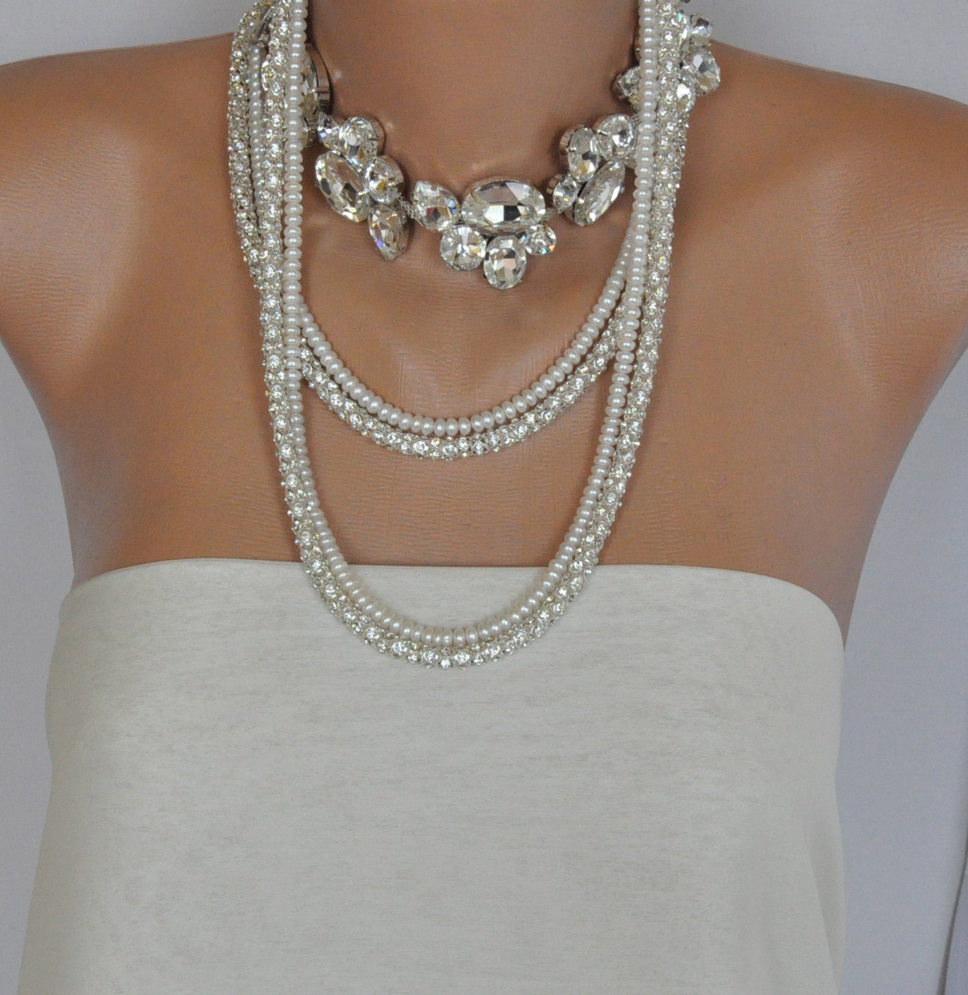 NEW Collection  Bold  Bridal Freshwater Pearls and Rhinestone Necklace