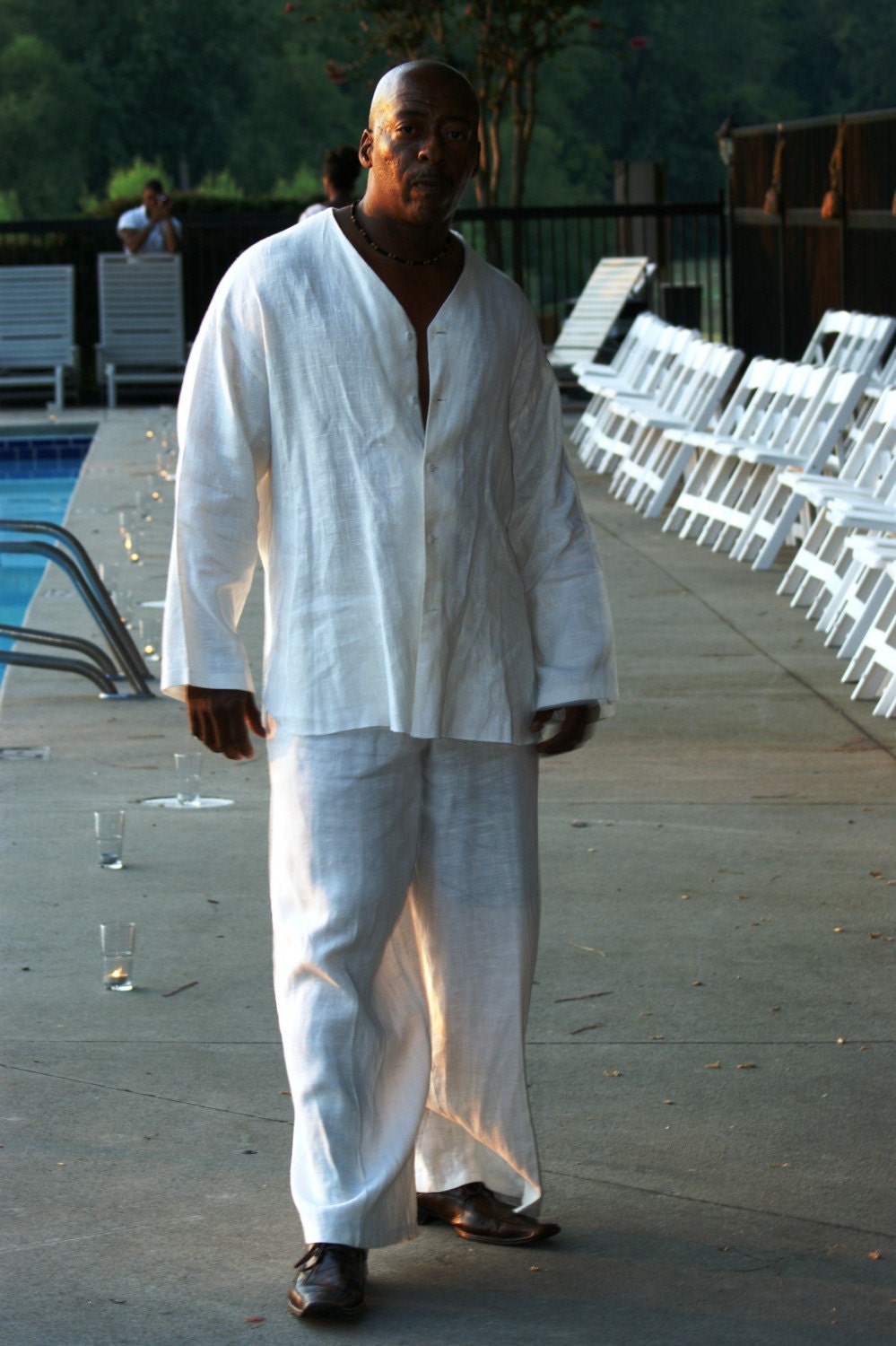 Linen V Neck Collarless  Shirt and Drawstring Pants Multiple Sizes Available