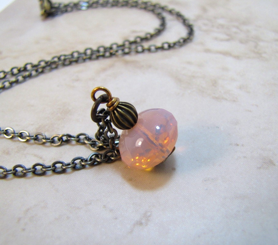 Pink Opalescent Antiqued Brass Necklace