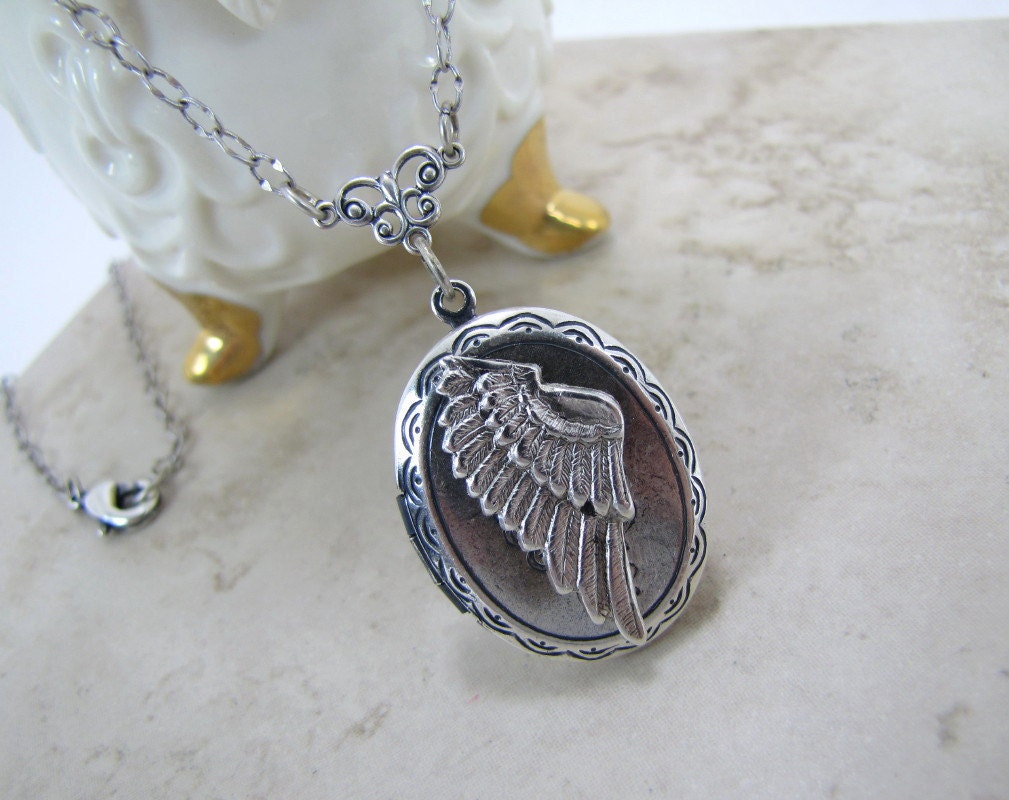 Locket Necklace, Angel Wing Locket Necklace, Antiqued Silver, Memorial Locket, Keepsake Jewelry,