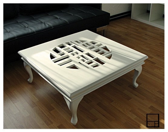 MSTRF / CLASSIC I - 30 x 30 x 13 White Lacquer Coffee Table with Geometric Circle Design Queen Anne Legs