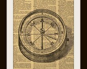 Art Print COMPASS 8x10  Dictionary Gold Gulided Vintage Page