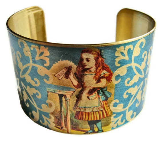 Alice in Wonderland Cuff Bracelet vintage style brass Free Shipping to USA