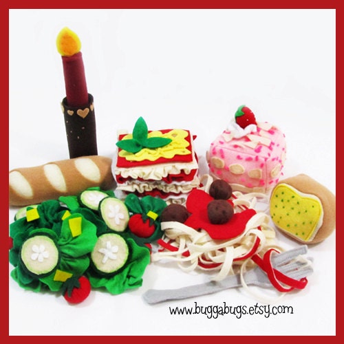 ITALIAN DINNER - Felt Food PDF Pattern (Lasagna, Spaghetti, Bread, Tiramisu, Salad, Candle)