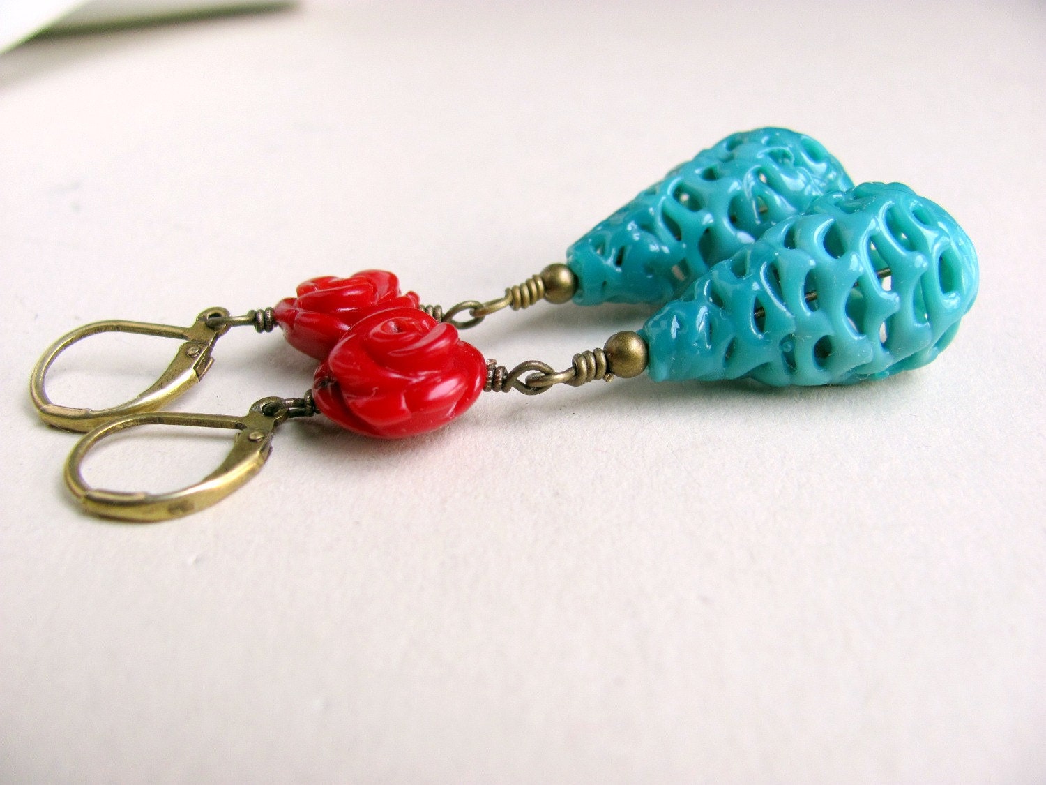 Czech Earrings, Vintage Red and Blue Retro, Czech Lace Earrings,  Red Coral Earrings