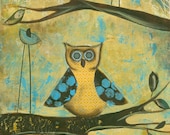 Three's a Crowd...8 x10 Print...from original mixed media painting and collage by Kandy Myny...Owl with Birds on a Branch Yellow
