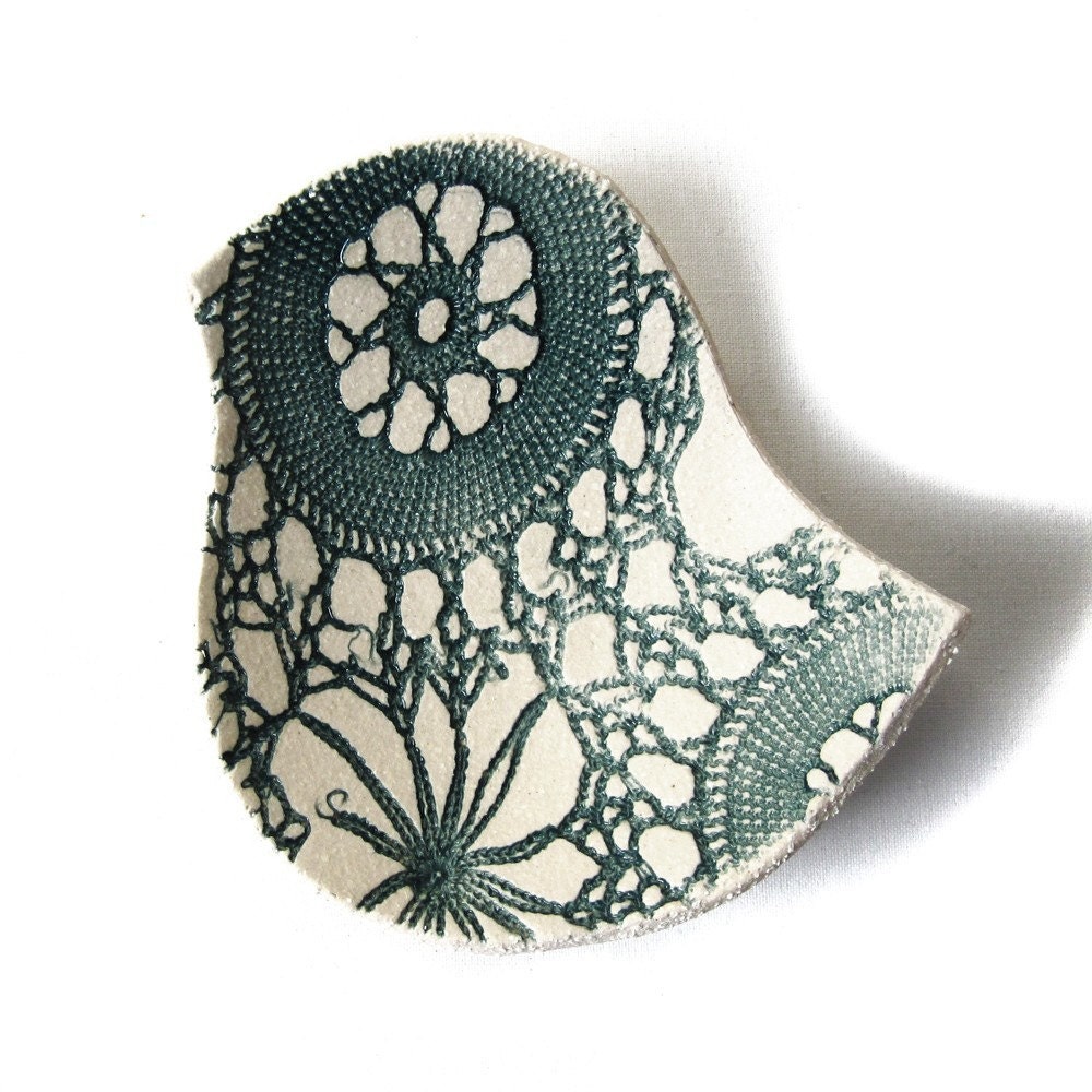 Lacy bird bowl in teal green blue and cream stoneware ceramic pottery with antique lace crochet imprint, ring dish, soap dish, candle holder