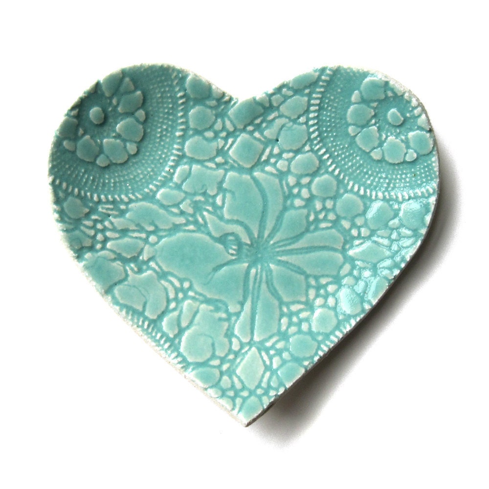 Seafoam heart plate in turquoise blue stoneware ceramic pottery Lace crochet imprint Home decor Soap dish Catch all Ring saver Dessert plate