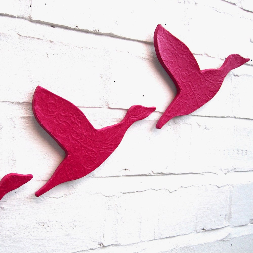 Ceramic wall art Flock flying ducks set of three New colour bright fuschia pink Home decor Wall ornament Modern retro artwork