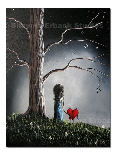 Girl with Heart Pet SURREAL HOME DECOR night scene big old tree art print