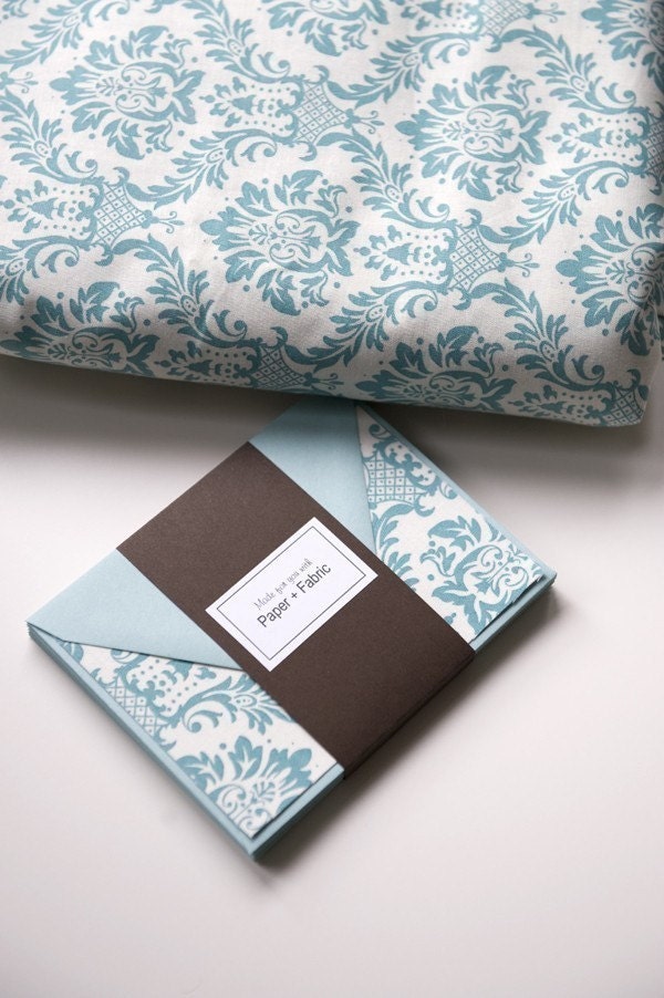 Fabric Note Cards - Aqua Damask