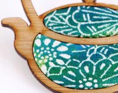 Teapot  Brooch - Vintage Kimono Fabric with Handpainted Sustainable Bamboo