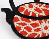 Teapot  Brooch - Vintage Kimono Fabric with Handpainted Sustainable Bamboo