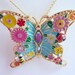 Butterfly Pendant Necklace, Aqua Pink Yellow Green Gold Flowers Butterfly Pendant, Spring Summer Fun Colorful, Mother's Day
