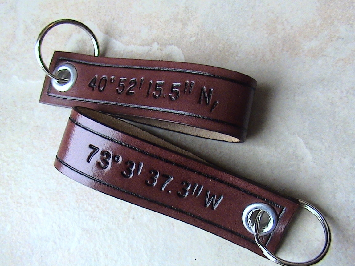 Custom - His n Hers - set of two-  latitude and longitude leather keychains - characters on both sides
