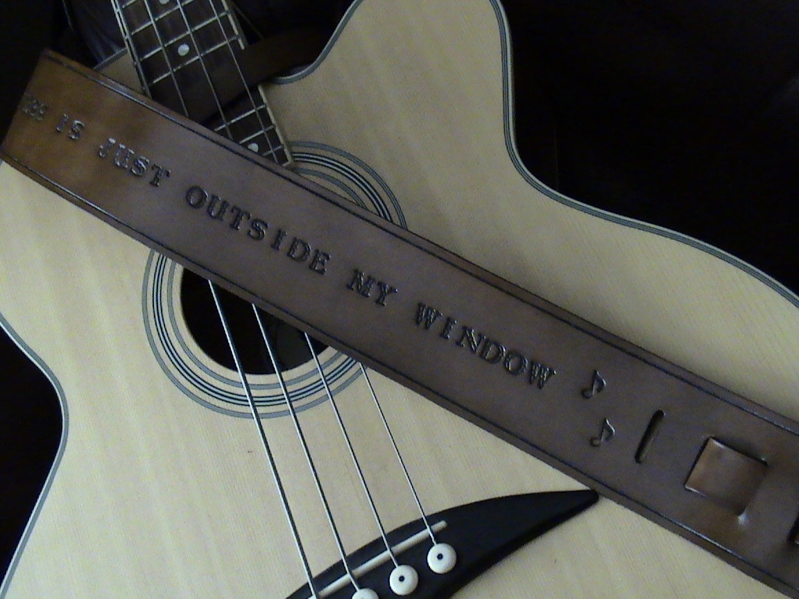 LMN Custom Leather Adjustable Guitar Strap - with hand-stamped with short lyrics