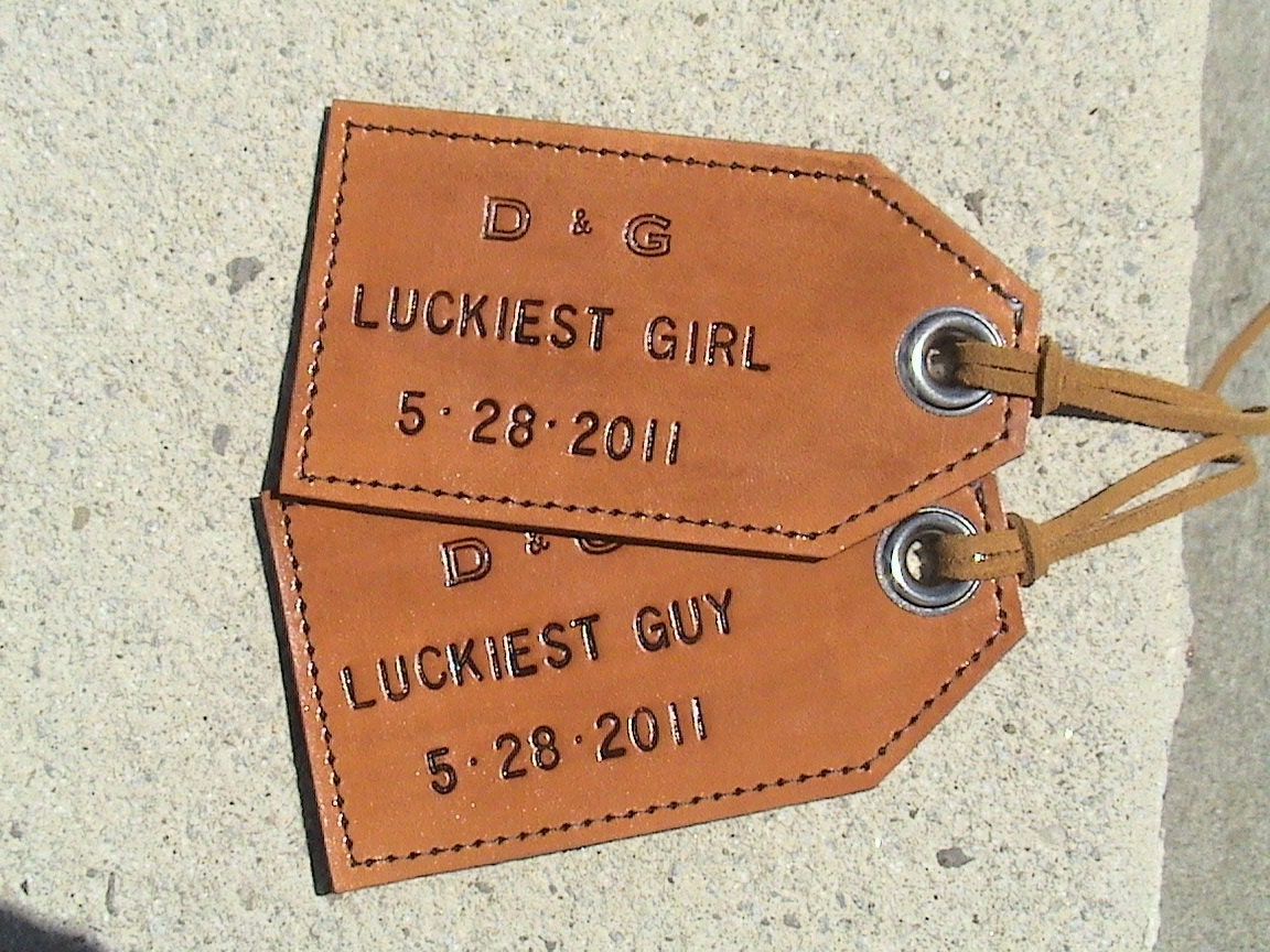 Personalized Leather - Luckiest Girl, Luckiest Guy - set of two luggage tags