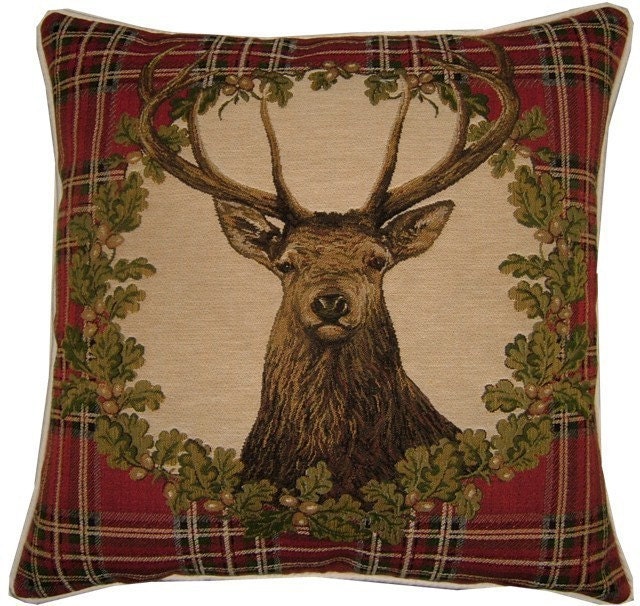 Stags Head Red Tartan Woven Tapestry Cushion Cover Sham