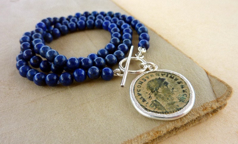 Lapis lazuli necklace with Ancient roman coin pendant, statement necklace, strand necklace, birthstone necklace, lapis strand necklace