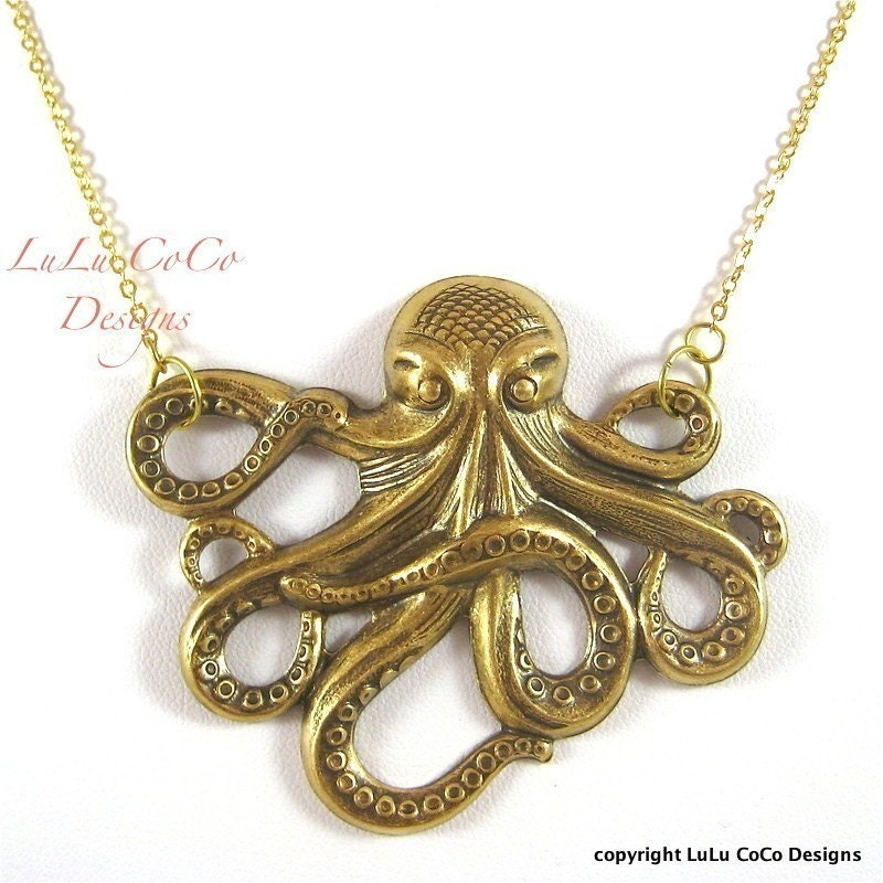 Grande Octopus In Antique Brass Necklace