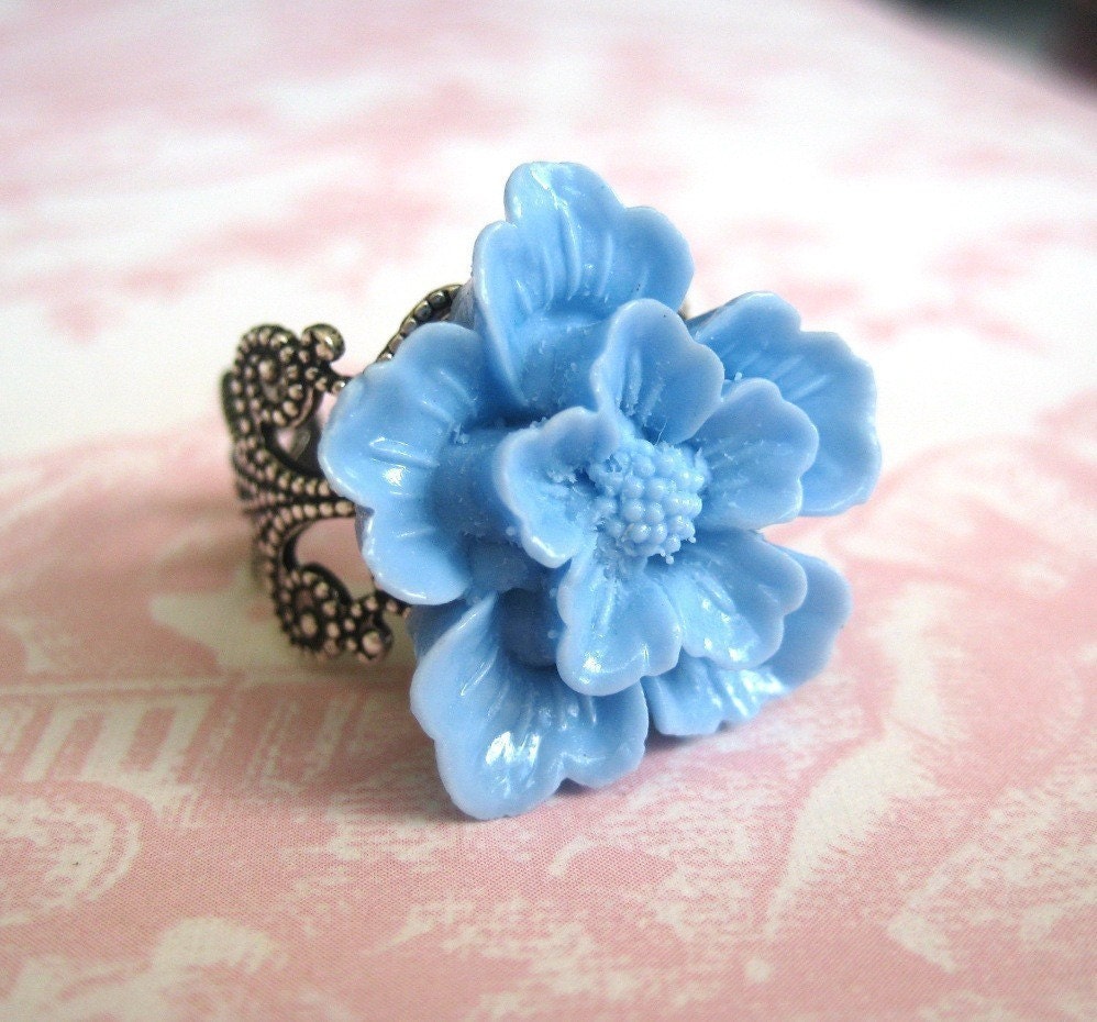 Cherry Blossom In Blue Antique Silver Adjustable Ring