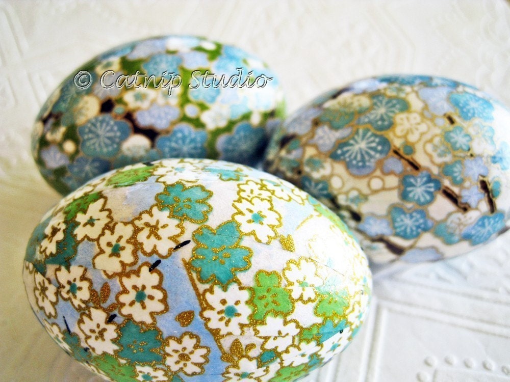 Easter Eggs Blue and Green Easter Eggs sky blue spring green decoupage origami cherry blossom floral