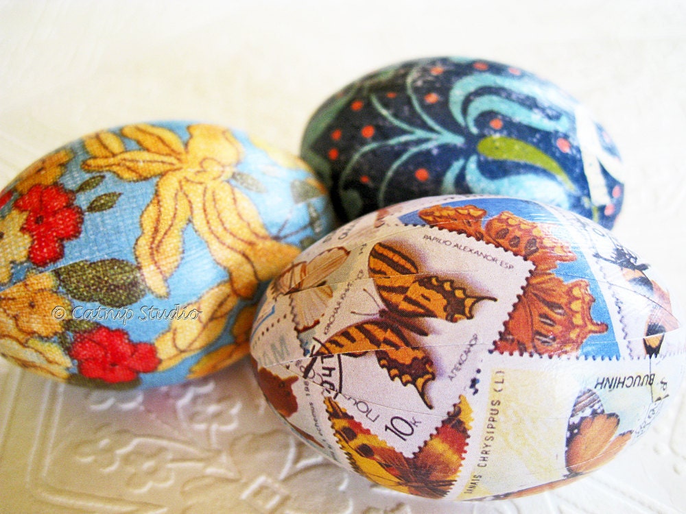 Easter Eggs Bright Butterfly Old World decoupage rust red orange yellow aqua blue indigo scroll floral