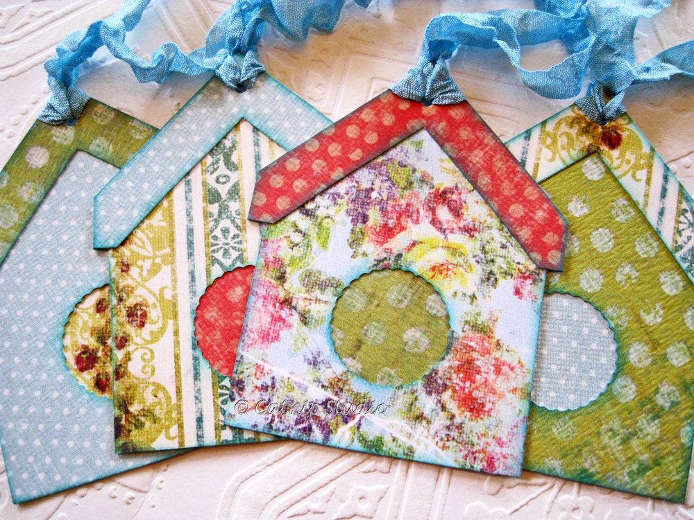 Birdhouse Tags, Bird House Tags, floral tags, garden tags, polka dot tags, green and blue tags,