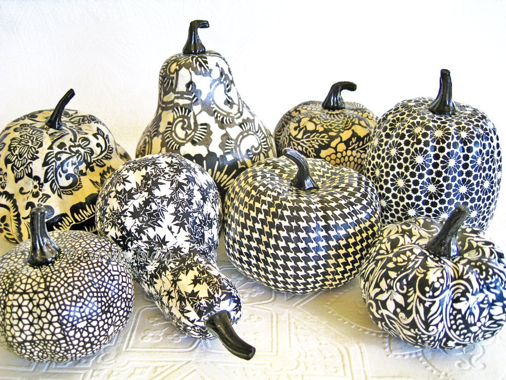 Pumpkin Ornament, Squash Ornament, Halloween Ornament, decoupage ornament, black and white, floral fall autumn thanksgiving