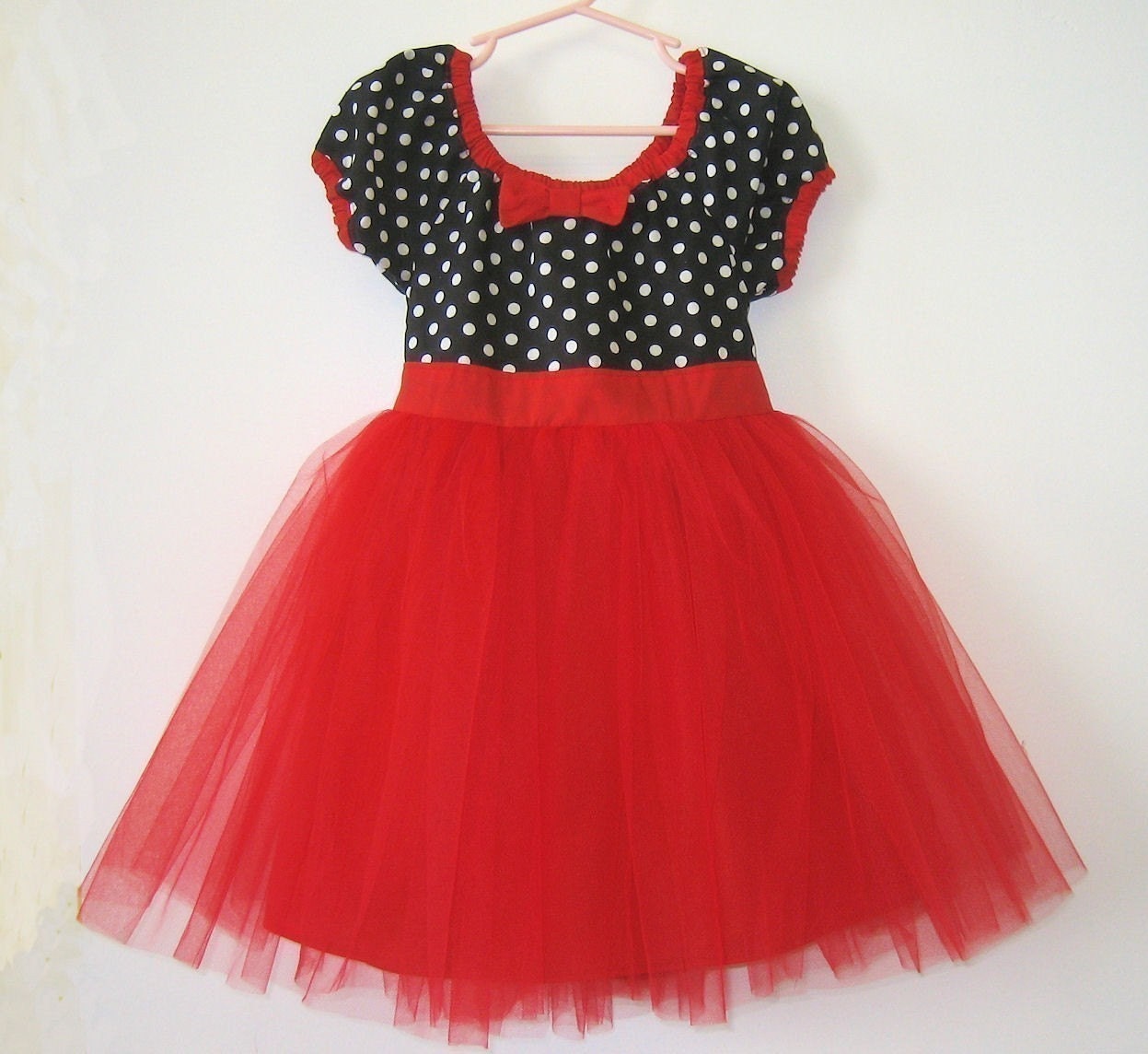 TUTU PARTY  DRESS in retro black and white polka dot Red tulle skirt baby toddler birthday party dress portrait flower girl special occasion