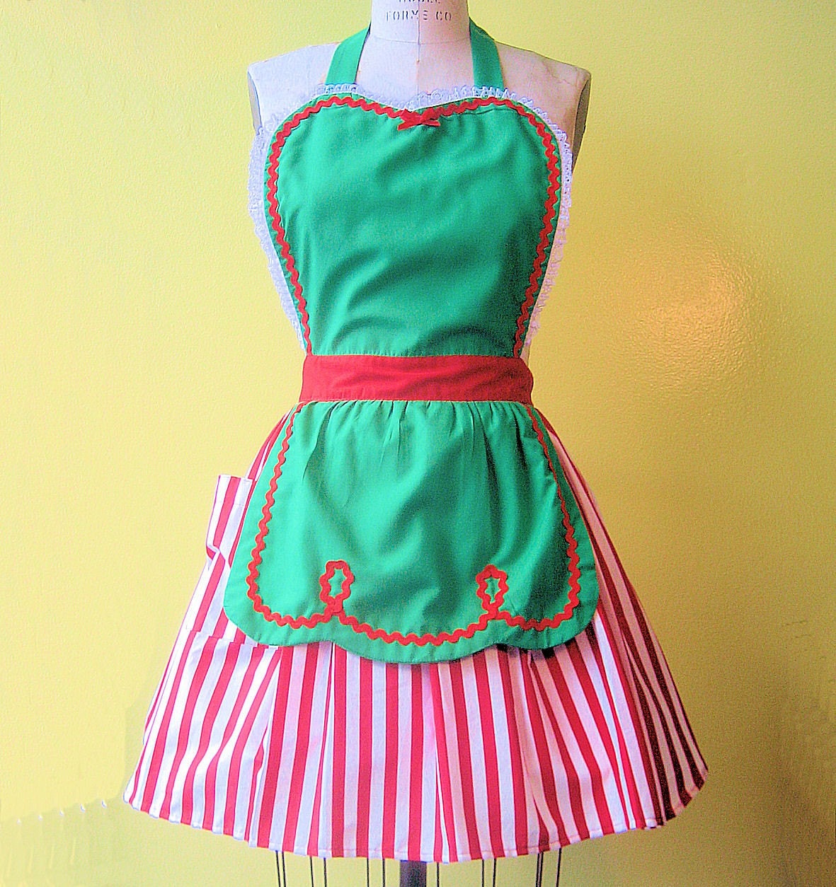 CHRISTMAS apron  womens full apron in green with red stripes make a sexy holiday hostess or pin up model great Sants Helper or Elf apron