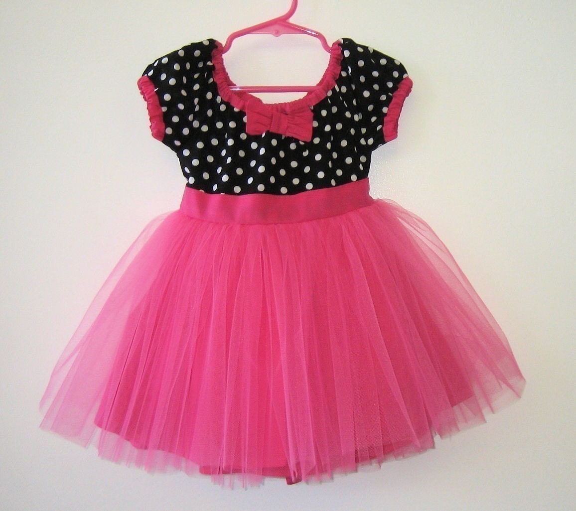 TUTU dress PARTY  dress black polka dot Hot Pink tulle skirt for baby toddler girl birthday party portrait flower special occasion