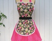 apron in Retro Pink  BETSEY FLORAL with  polka dots womens full APRON makes sexy hostess and is vintage inspired