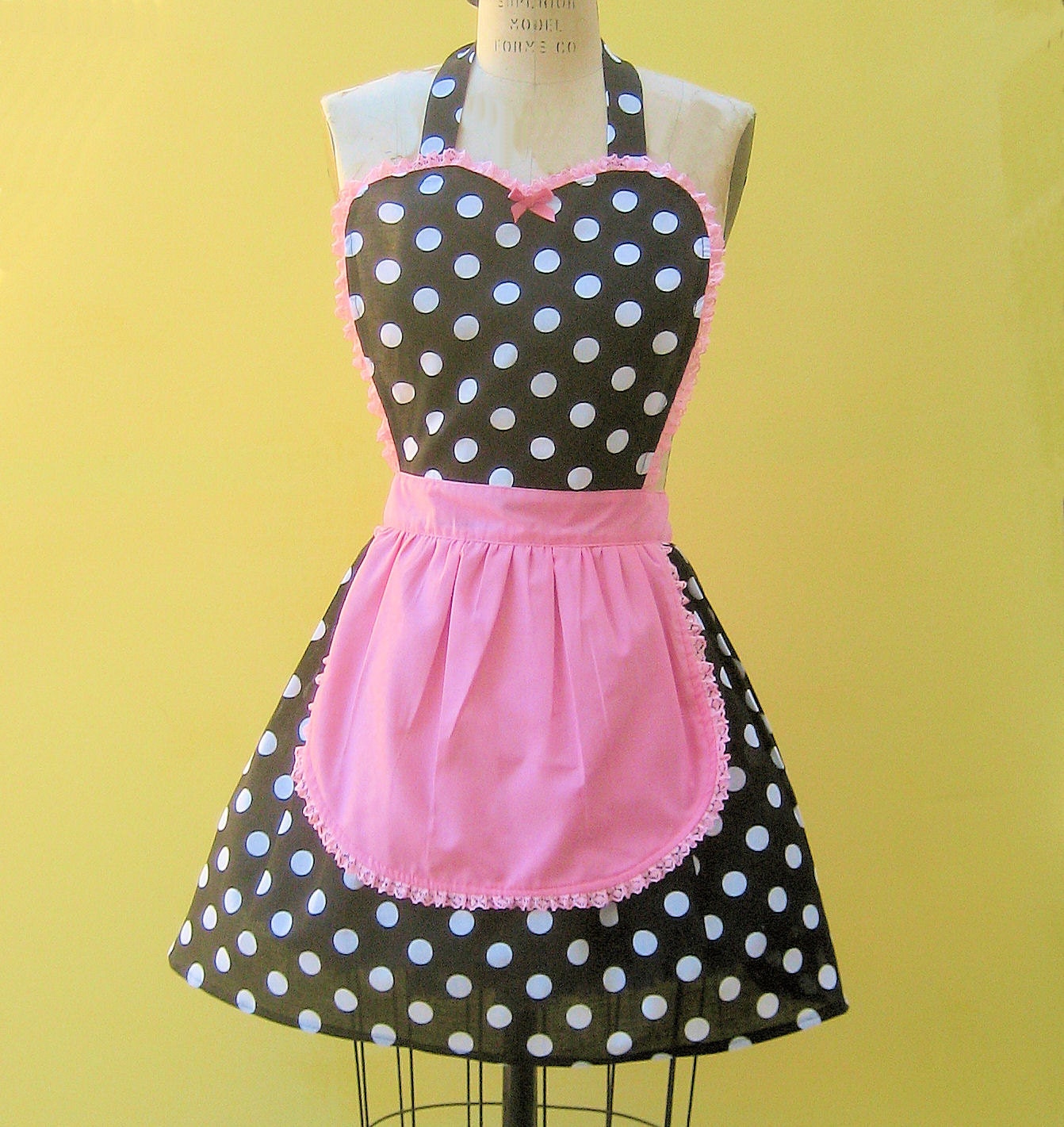 retro apron French Maid apron ...... black polka dot apron with pink  fifties details sexy hostess gift vintage inspired womens full apron