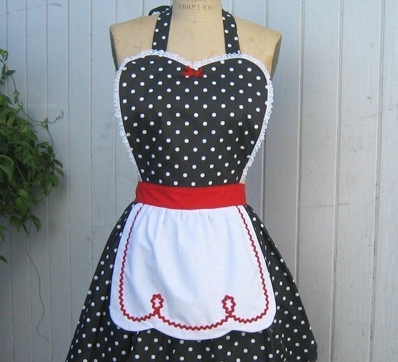 Retro apron LUCY ..red with black polka dot apron sexy hostess gift is vintage inspired flirty womens full apron